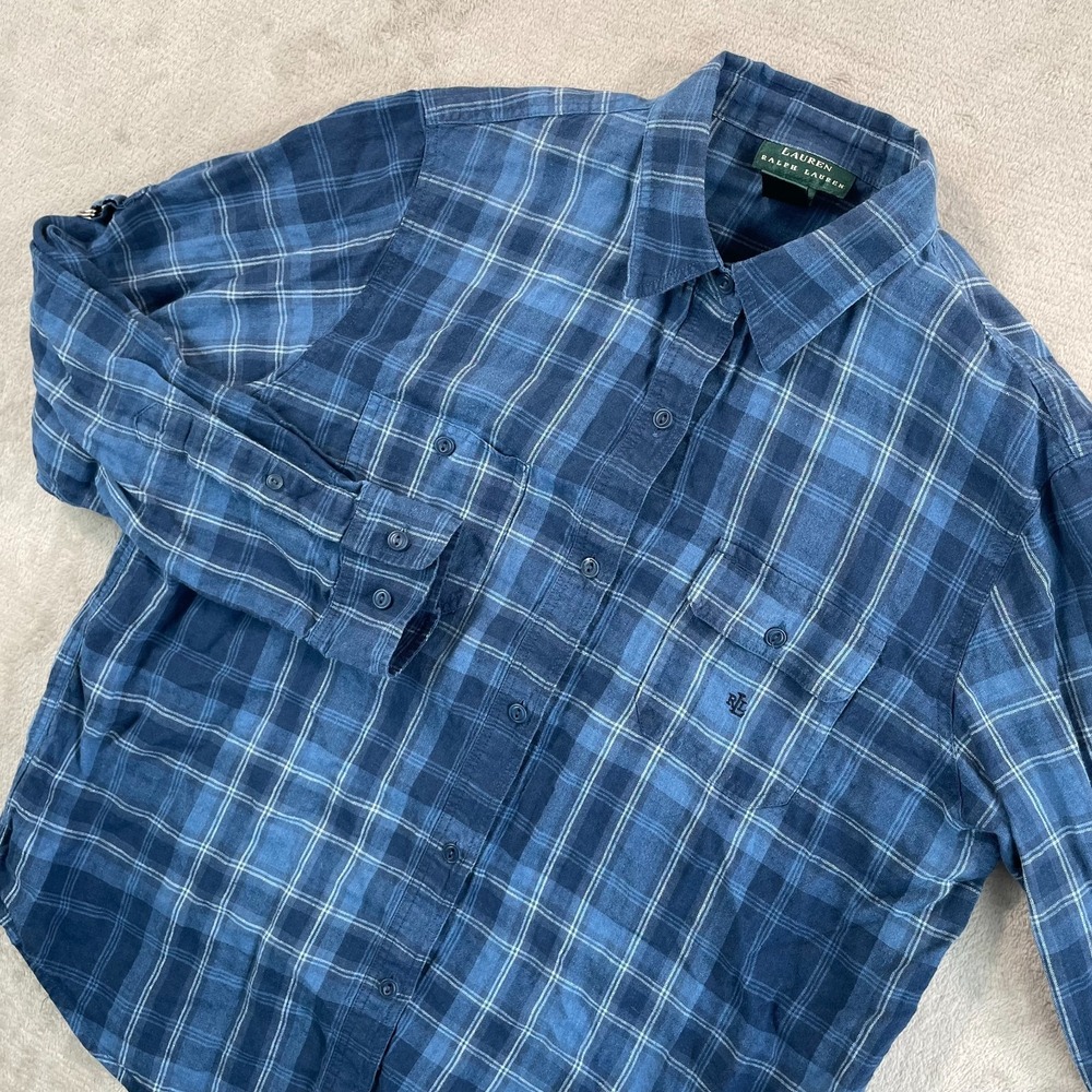 Lauren Ralph Lauren LRL Safari Shirt Women Large Blue Plaid 100%‎ Linen Roll Tab